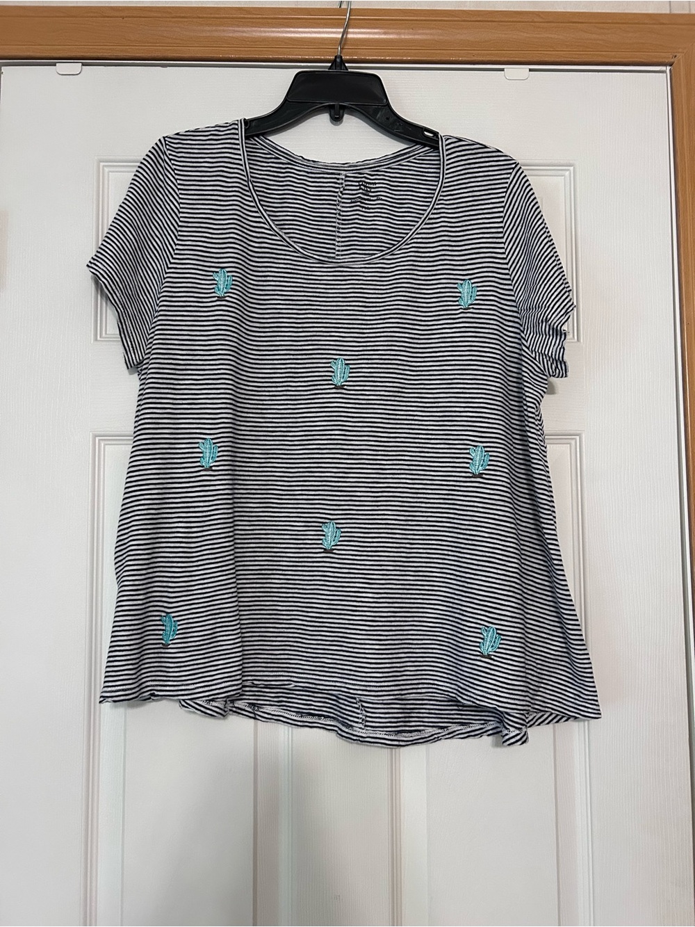 Striped Short-Sleeve Top with Embroidered Cactus Print